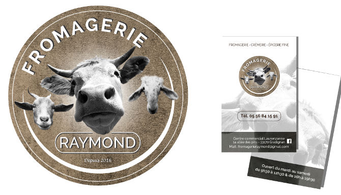 Fromagerie Raymond, Carte de visite, recto/verso, charte graphique respectée, le logo mis à l’honneur